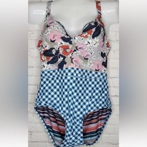 Social Angel Floral & Plaid Design One-Piece Swimsuit Plus Size 1X NWT